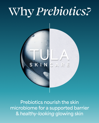 Tula Skincare advertisement about prebiotics with a blue and white color scheme.