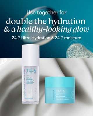 Tula skincare products with text about hydration and moisture on a gradient background