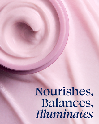 Close-up of pink cream with text 'Nourishes, Balances, Illuminates' on a pink background