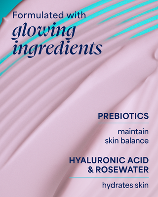 Product packaging with text about glowing ingredients, prebiotics, hyaluronic acid, and rosewater on a pink background.