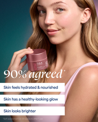 Woman holding a Tula product with text about skin hydration and glow.