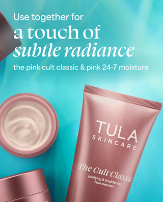 Tula Skincare products with text on a blue background