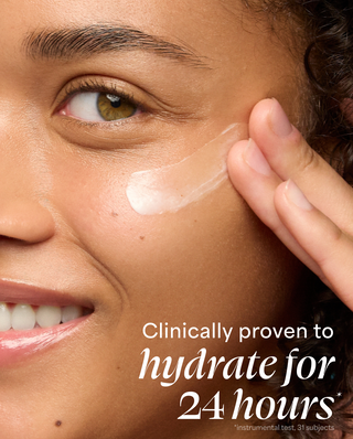 Person applying a skincare product to their face with text about hydration.