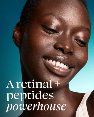 Woman with a radiant smile against a blue background with text about retinal and peptides.