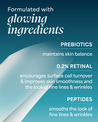 Product packaging with text about glowing ingredients including prebiotics, retinal, and peptides on a blue background.