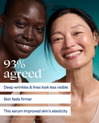 Two women with text indicating skin improvement from a serum