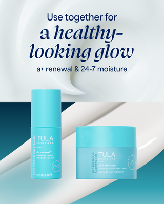 Tula skincare products with text on a gradient background
