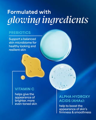 Formulated with glowing ingredients including: preiotics, vitamin C, and Alpha Hydroxy Acids (AHAs) 