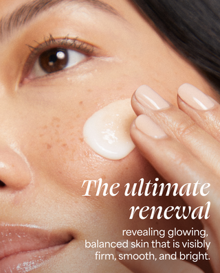 Image of a model applying Beauty Sleep in a tight crop with copy overlay that reads "The ultimate renewal: revealing glowing, balanced skin that is visibly firm, smooth, and bright." 