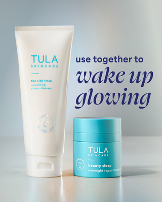 Tula Skincare products on a light gray background with promotional text.