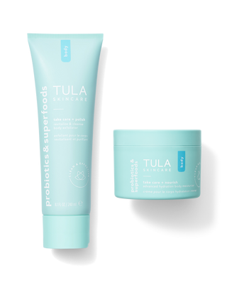 TULA Take Care + Polish - Smoothing and hydrating 2-piece body polish and moisturizer with probiotic extracts. Full size collection displayed. 