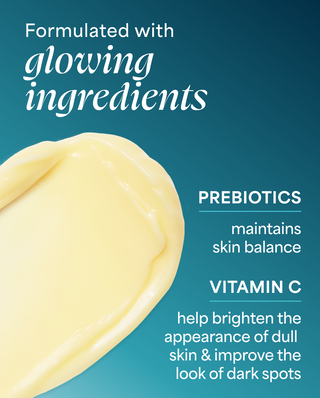 Product packaging with text about glowing ingredients, prebiotics, and vitamin C on a blue background.