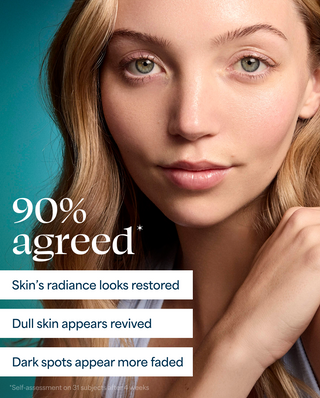 Close-up of a person with text indicating skin improvement results on a blue background