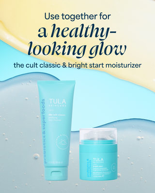 Tula skincare products with text on a gradient background