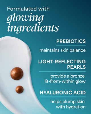 Product packaging with text about glowing ingredients on a blue background