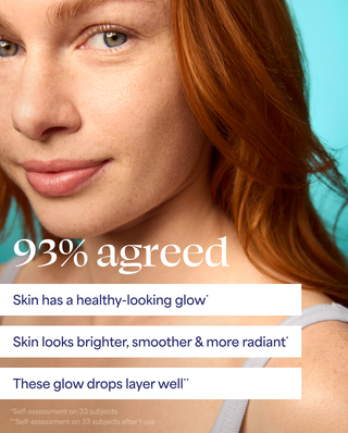 Woman with red hair and a blue background, with text about skin health and product effectiveness.