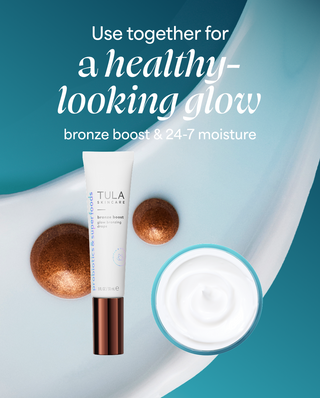 Tula skincare product with text on a blue and white background