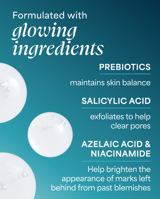 A teal and blue promotional graphic with white text highlighting skincare benefits: prebiotics for skin balance, salicylic acid for clear pores, and azelaic acid and niacinamide for marks. Large white translucent spheres float on the left side.