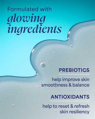 Product packaging with blue liquid design and text about glowing ingredients, prebiotics, and antioxidants.