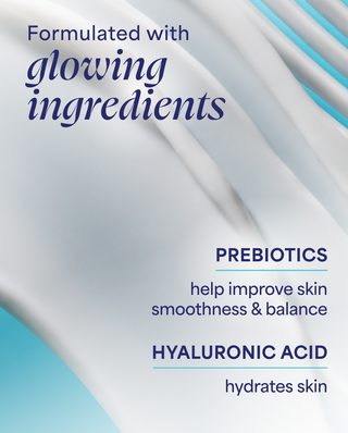 Product packaging with text about glowing ingredients like prebiotics and hyaluronic acid.
