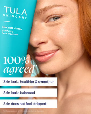 Tula Skincare advertisement with a woman's face and product packaging.