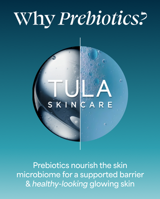 Tula Skincare advertisement with a split image of water droplets and text about prebiotics.