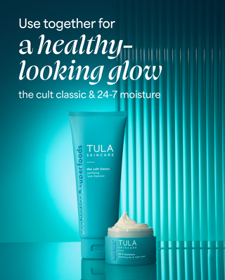 Tula skincare products with text on a blue background