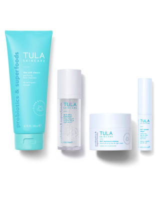 TULA Dry Skin Saviors - Super Hydrating 4-Piece Skincare Routine Kit with Probiotics, Full Size Collection Displayed