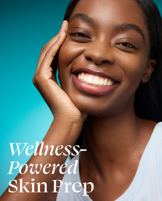 Woman with a bright smile and 'Wellness-Powered Skin Prep' text on a blue background