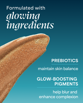 Product packaging with text about glowing ingredients on a blue background
