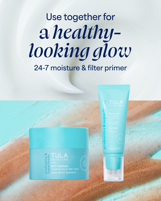 Tula skincare products with text on a close-up of skin texture