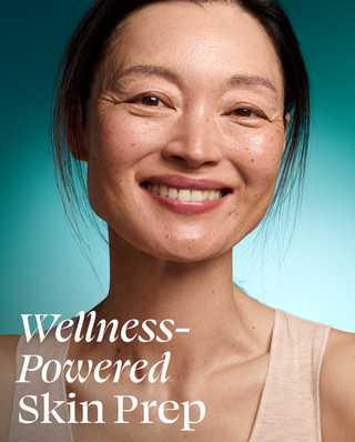 Woman with 'Wellness-Powered Skin Prep' text on a teal background