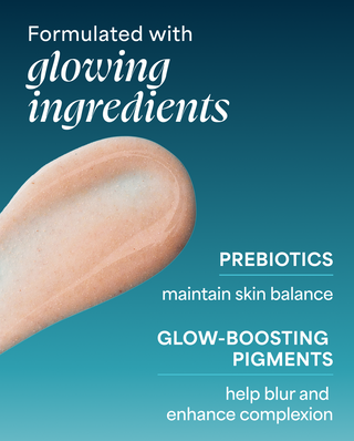 Product packaging with text about glowing ingredients on a blue background