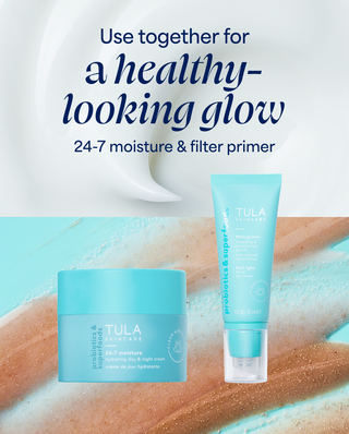 Tula skincare products with text on a textured background