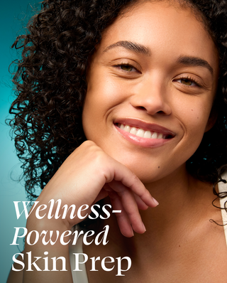 Woman with a serene expression and 'Wellness-Powered Skin Prep' text on a blue background