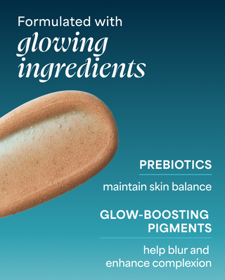 Cosmetic product with text about glowing ingredients on a blue background