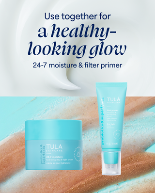 Tula skincare products with text about 24-7 moisture and filter primer on a textured background.