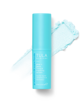 Tula skincare product with a blue gel smear on a white background