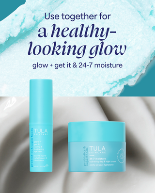 Tula skincare products with text about healthy-looking glow and 24/7 moisture on a textured background.