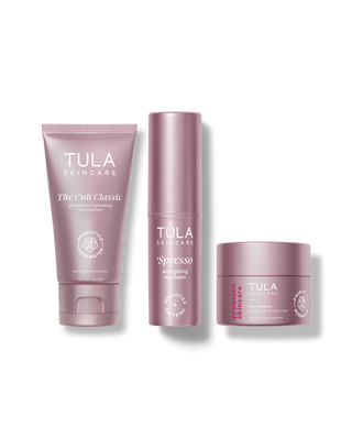 Tula Skincare products including a tube, bottle, and jar on a white background