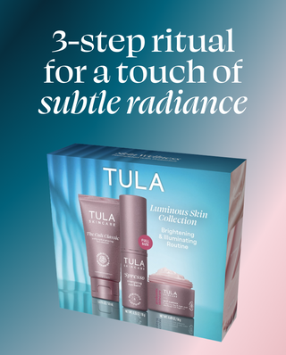 Tula skincare collection with products and packaging on a gradient background