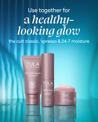 Tula skincare products with text on a blue background