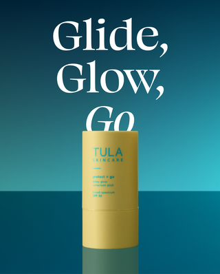 Tula skincare product with 'Glide, Glow, Go' text on a blue gradient background