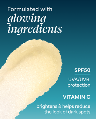 Product with SPF50, UVA/UVB protection, and vitamin C benefits on a blue background