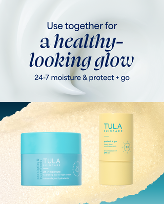 Tula skincare products with text about 24-7 moisture and protection on a textured background