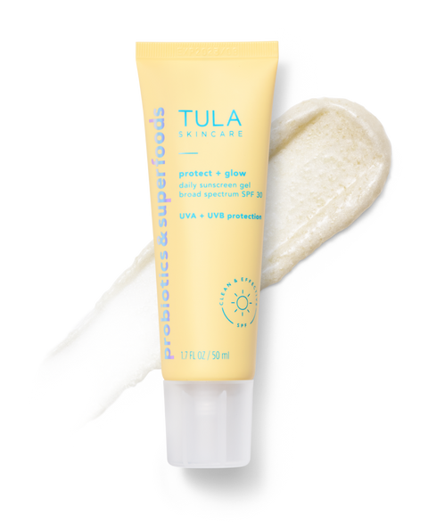 Tula skincare tube with sunscreen gel on a white background