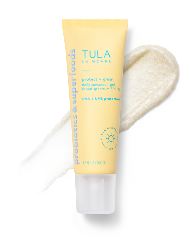Tula skincare tube with sunscreen gel on a white background