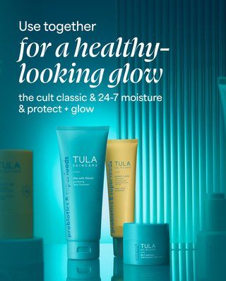 Tula skincare products with promotional text on a blue background