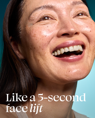 Woman with a smile on her face against a blue background with text 'Like a 5-second face lift'.