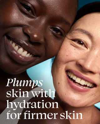 Two people smiling with text about skin hydration and firmness.